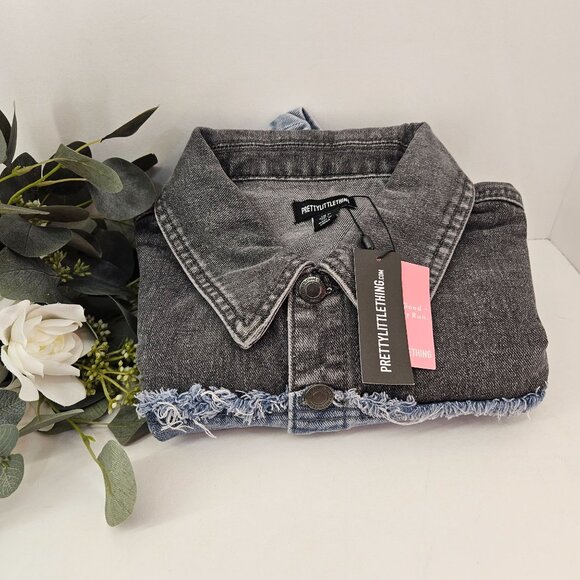 Womens Pretty Little Thing Cropped Denim Jacket Black & Blue Frayed Hem Size 6 - Picture 4 of 16
